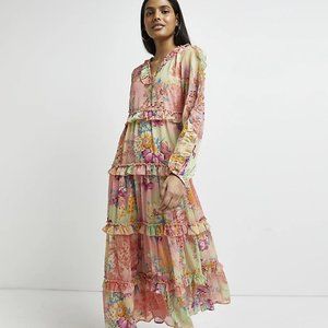 RIVER ISLAND YELLOW FLORAL SMOCK MIDI DRESS